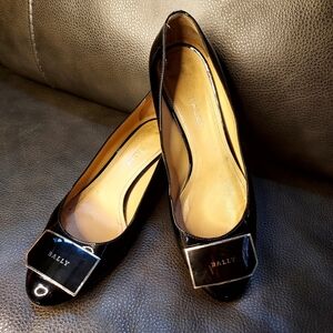 BALLY Black Patent Leather Flats with Gold Accents